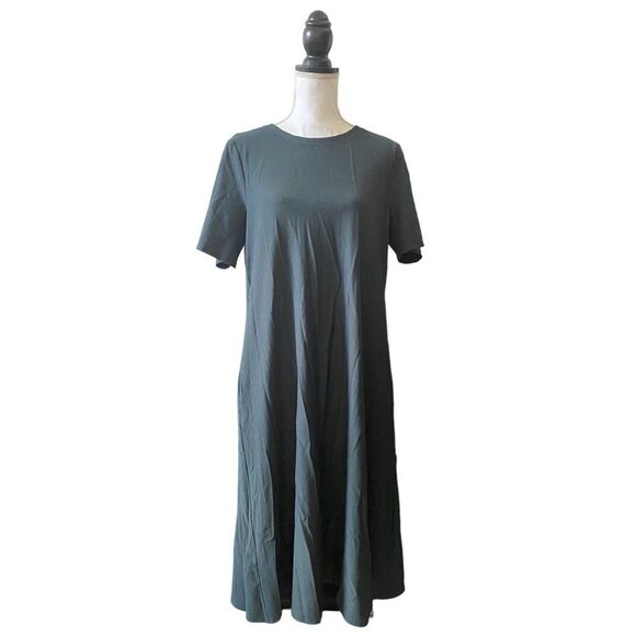Eileen Fisher Crinkle Crepe Round Neck Short Sleeve Dress Dark Gray Size Medium - Picture 2 of 6